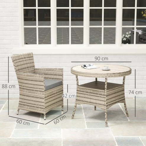Outsunny 4 Seater Garden Dining Set with Cushions, Double Layer Table with Wood-like Slat Top, PE Rattan Garden Furniture Set, Outdoor Dining Table and Chairs for Patio, Balcony, Grey
