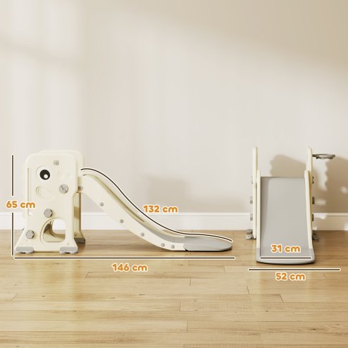 AIYAPLAY 3-in-1 Kids Slide, Foldable Dinosaur Shape Toddler Slide with Climber, Basketball Hoop and Ball, Indoor Playground Equipment for Ages 2-5, Cream White