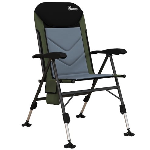 Outsunny Portable Fishing Chair, Lightweight Camping Chair with Reclining Backrest, Adjustable Legs and Mud Feet, 180kg Heavy Duty Folding Chair, Dark Green