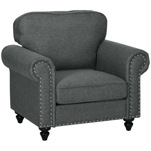 HOMCOM Fabric Accent Chair with Nailhead Trim Rolled Arms and Slatted Wood Frame, Upholstered Lounge Chair for Living Room, Bedroom, Home Office