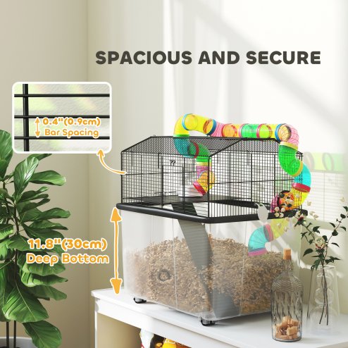 PawHut Hamster Cage, 2 Tier Gerbil Cage with 31cm Deep Tray, Tube System, Water Bottle, Ramp, Feeding Bowl, 58 x 43 x 57cm, Multicoloured