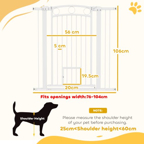 PawHut Dog Stair Gate 106cm Extra Tall Height, 76-104cm Adjustable Width Pressure Fit Safety Gate With Cat Door, 7cm and 14cm Extensions for Stairs, Doorways, Easy Installation, White