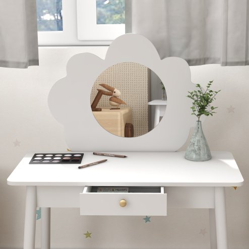 AIYAPLAY Kids Dressing Table with Mirror, Stool, Kids Vanity Table with Cloud Design, Drawer, for Ages 3-6 Years, White