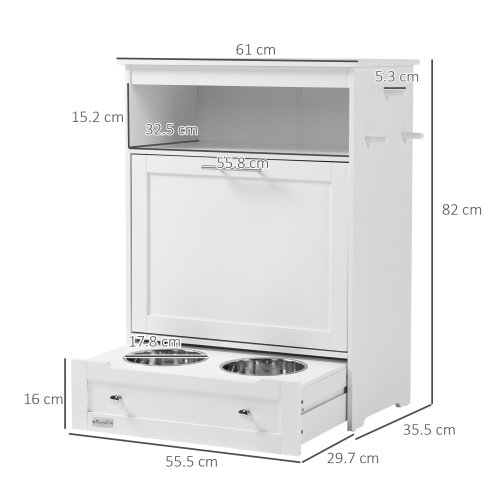 PawHut Pet Feeder Station, Dog Food Storage Container w/ Raised Dog Bowls, Hanger, for Food and Water - White