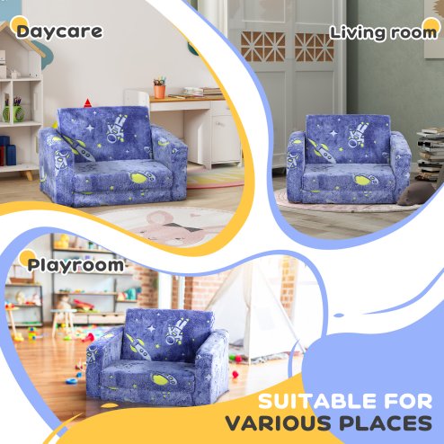 AIYAPLAY Kids Sofa Bed, 2 in 1 Kids Folding Bed Toddler Armchair with Glow in The Dark Cosmic Design, Washable Cushion and Cover, Convertible Kid Chair to Lounger for 1.5-3 Years Old, 1 Seater, Blue