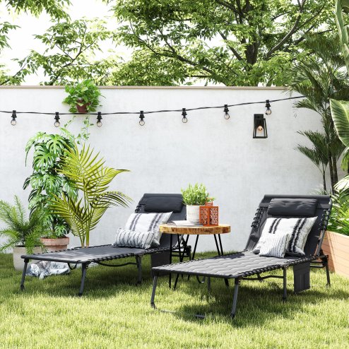 Outsunny 2 Piece Foldable Sun Lounger Set with 5-level Reclining Back, Outdoor Tanning Chairs Sun Loungers with Build-in Padded Seat, Side Pocket, Headrest for Beach, Patio, Black