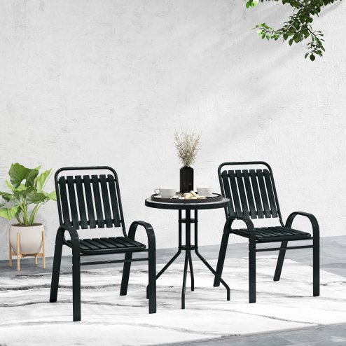 Outsunny 3 Pieces Patio Bistro Set, Garden Furniture Set with Stackable Chairs, Tempered Glass Table, Rust Resistant for Outdoor, Balcony, Patio, Garden, Charcoal Grey