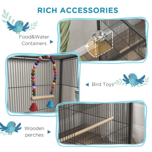 PawHut Bird Cage, Budgie Cage, Parrot Cage, with Rolling Stand, Stainless Steel Bowls, Swings, Removable Tray for Small Parrot, Budgie, Lovebird - Grey