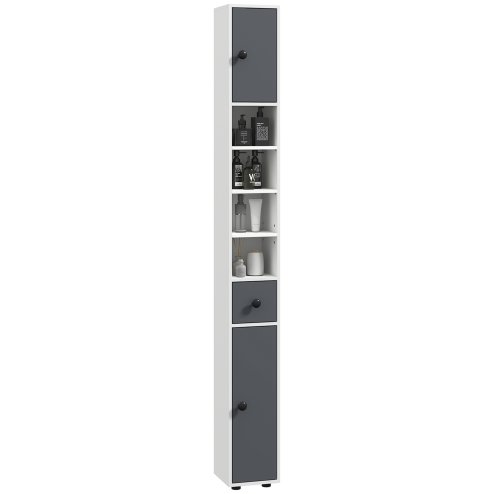 kleankin 180cm Tall Bathroom Cabinet, Slim Bathroom Storage Cabinet with 4 Open Shelves, 2 Door Cupboards and Adjustable Shelves