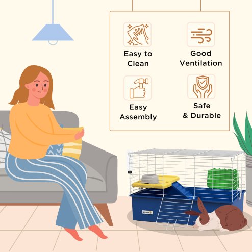 PawHut Guinea Pig Cage Chinchillas Rabbit Small Animal Cage with Ramp, Dish, Water Bottle, 71 x 46 x 47cm, Blue