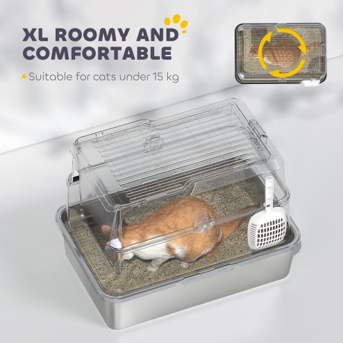 PawHut Stainless Steel Cat Litter Tray, Extra Large Enclosed Litter Box for Large Cats with Scoop, Flip Top, Easy Cleaning, Light Grey