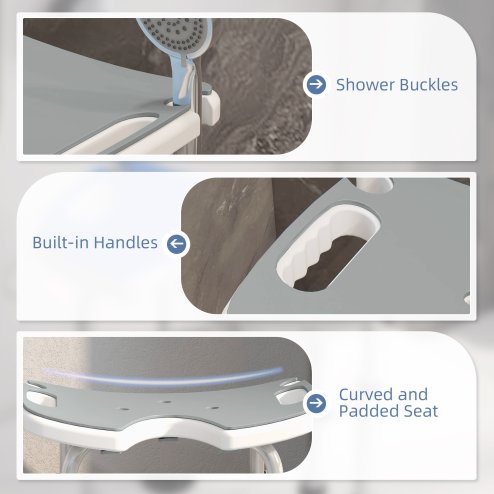 HOMCOM Height Adjustable Shower Stool with Suction Grab Rail, Aluminium Shower Chair with U-Shaped Padded Seat, Non-Slip Bath Stool for Elderly, Disabled, Seniors, Pregnant