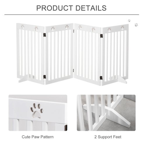 PawHut Freestanding Pet Gate 4 Panel Dog Barrier Folding Safety Fence with Support Feet up to 204cm Long 75cm Tall for Doorway Stairs, White