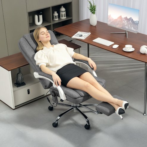 HOMCOM Office Chair with 6-point Massage and Heat, Fabric Computer Desk Chair with Reclining Backrest, High Back, Height Adjustable, Swivel Wheels, Footrest, Remote, for Home, Grey