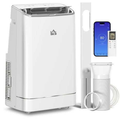 HOMCOM 14000 BTU Portable Air Conditioner, Smart Home WiFi Compatible, 5-in-1 Heater Dehumidifier Cooler Fan, with Sleep Mode, Remote, 24H Timer, Window Venting Kit, A Energy Efficiency, 35m², White