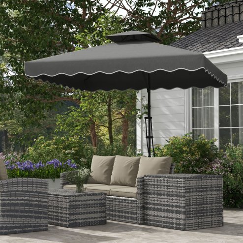 Outsunny 2.5m Cantilever Parasol with Easy Lever, Square Double Top Garden Parasol Umbrella with Ruffles and Cross Base, Overhanging Outdoor Sun Shades, Dark Grey
