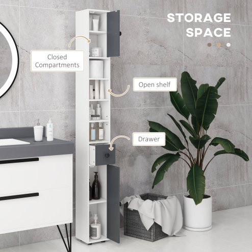 kleankin 180cm Tall Bathroom Cabinet, Slim Bathroom Storage Cabinet with 4 Open Shelves, 2 Door Cupboards and Adjustable Shelves