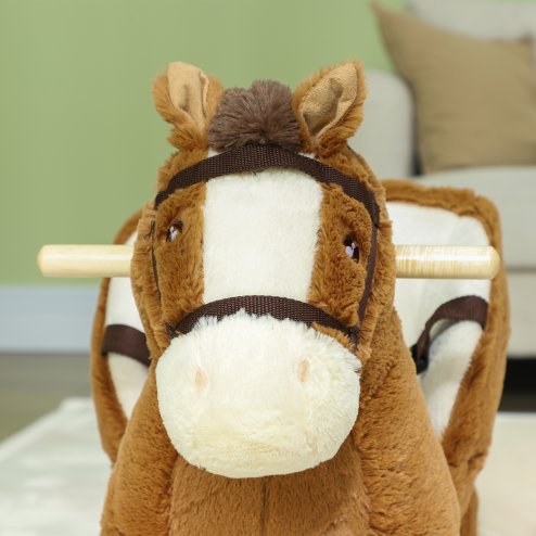 AIYAPLAY Kids Rocking Horse, Plush Ride on Horse, with Sound, Wood Base, Seat Safety Belt, for Ages 18-36 Months, Brown