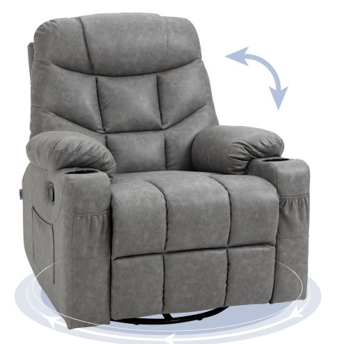 HOMCOM Recliner Armchair, Swivel PU Leather Manual Reclining Chair with Adjustable Leg Rest, Drink Holders, Side Pockets, Rocker Chair for Home Living Room, Light Grey