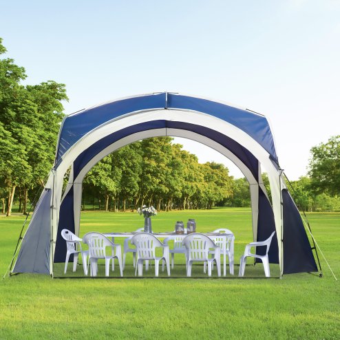 Outsunny 3.5 x 3.5M 6-8 Person Camping Gazebo, Outdoor Event Shelter Dome Tent Garden Sun Shelter Patio Spire Arc Pavilion Camp Sun Shade, Blue and Grey