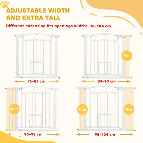 PawHut Stair Gate, 77cm Extra Tall Dog Gate with Adjustable Width, 76-104cm Pressure Fit Safety Gate with Cat Door, 7cm and 14cm Extensions, for Stairs, Doorways, Easy Installation, White