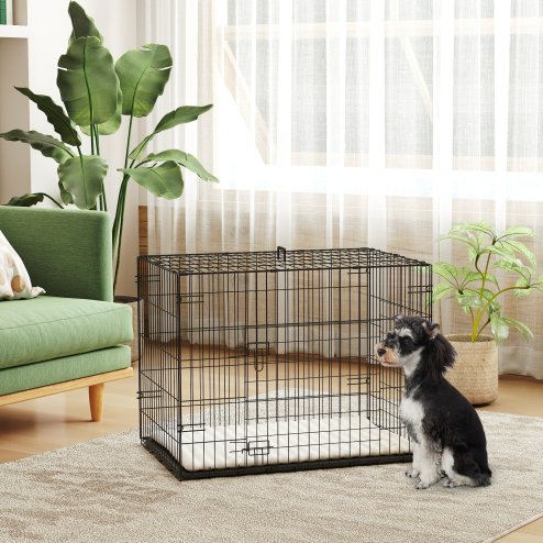PawHut Dog Crate, Folding Metal Dog Cage with Two Doors, Tray, Soft Cushion, for Small Dogs, 76 x 53 x 60 cm, Black