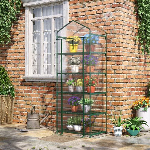 Outsunny 5 Tier Mini Greenhouse, Portable Greenhouse with Reinforced Plastic Cover, Garden Grow House with Roll Up Door and Shelves, 69 x 49 x 193cm, Green