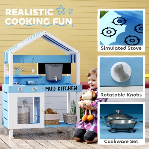 AIYAPLAY Kids Mud Kitchen, Outdoor Play Kitchen with Stoves, Sink, Faucet, Storage Shelves, Cookware Accessories, Pretend Wooden Kitchen Playset for Boys Girls, Blue