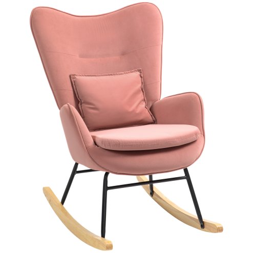 HOMCOM Velvet Rocking Chair with Lumbar Pillow, Rocker Armchair with Metal Legs and Wood Base for Living Room, Bedroom, Pink