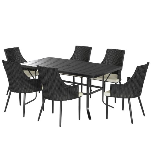 Outsunny 6 Seater Rattan Dining Set with Cushions, Garden Furniture Set with Armchairs, Rectangle Slatted Table Top, Steel Frame, Parasol Hole, Wicker Outdoor Furniture for Patio, Balcony, Cream White