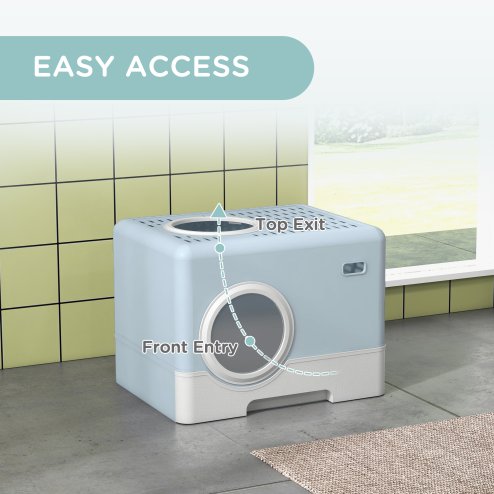PawHut Cat Litter Tray with Hood Cat Litter Box with Front Entry, Top Exit, Drawer, Tray, Scoop, 38.5H x 52L x 41Wcm - Blue