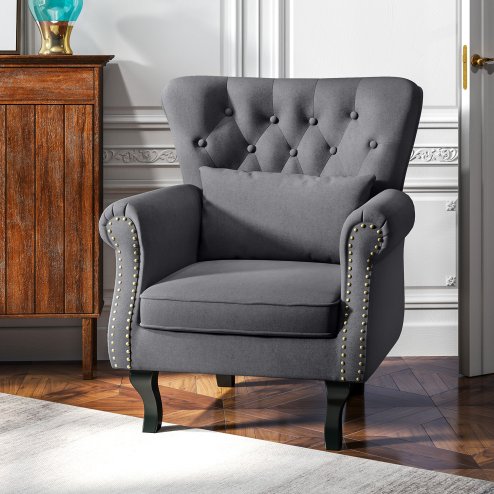 HOMCOM Wingback Armchair, Linen Fabric Accent Chair, Upholstered Fireside Chair with Pillow, Button Tufted Back for Living Room, Bedroom, Home Office, Dark Grey