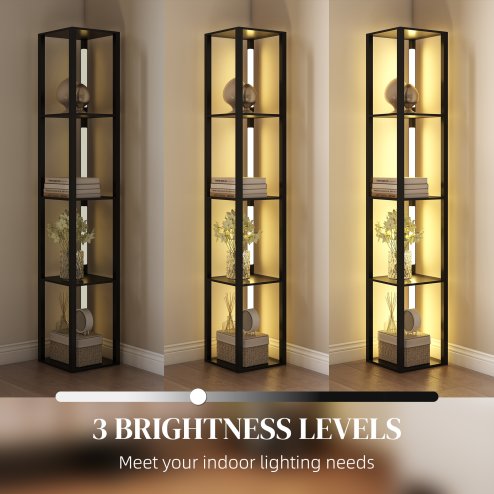 HOMCOM LED Floor Lamp with Shelves, 4 Layers Dimmable Modern Standing Lamp with 3 Brightness Levels and Foot Switch for Living Room, Bedroom, Office, Black