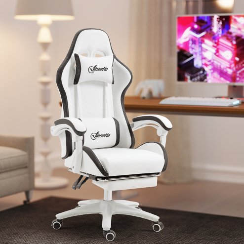Vinsetto Computer Gaming Chair, PU Leather Office Desk Chair with Footrest, Swivel Wheels, 135?? Reclining Back, Lumbar Support, Headrest for Home, White and Black
