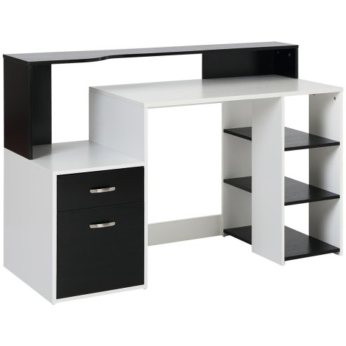 HOMCOM Computer Desk with Drawers and Storage Shelves, Office Desk Writing Table with Printer Stand, Large Workstation for Study Play Work Home Office, 137 x 55 x 92cm, Black and White