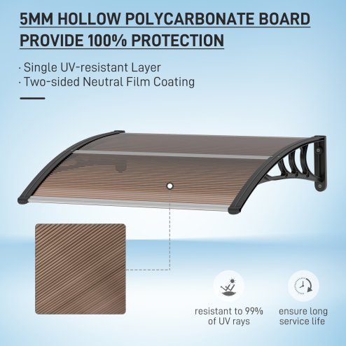 Outsunny Front Door Canopy Outdoor Awning Aluminium Rigid Plastic Polycarbonate Rain Shelter UV Water Rain Resistant 100 x 75cm Brown