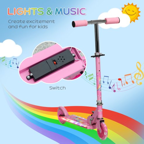 HOMCOM Kids Scooter with Lights, Music, Adjustable Height, Foldable Frame, LED Wheels, for Ages 3-7 Years - Pink