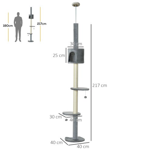 PawHut Floor to Ceiling Cat Tree for Indoor Cats, Kitten Tower, Condo, Multi-Layer Activity Center, Indoor Pet Play House with Solid Scratching Post Hanging Balls, Light Grey