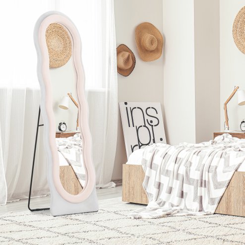 HOMCOM Irregular Wavy Mirror Full Length, 160 x 50cm Free Standing, Leaning or Wall Mirror with Velvet Wrapped Frame and Arched Top for Living Room, Bedroom, White and Pink