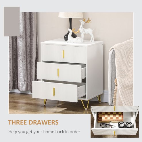 HOMCOM Modern 3 Drawer Dresser, Fluted Bedroom Dresser Chest of Drawers with Metal Legs and Steel Handles for Bedroom, White