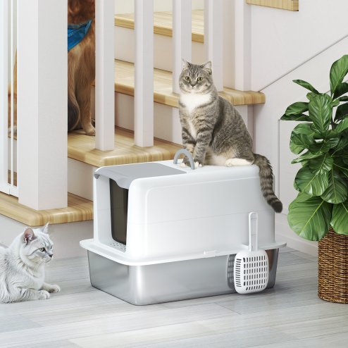 PawHut Stainless Steel Cat Litter Box, Extra Large Metal Cat Litter Tray with Lid, Scoop, Filter Bags, White