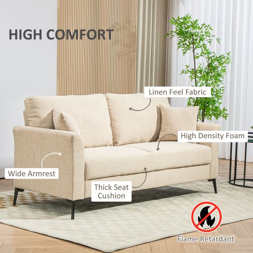 HOMCOM Modern 3 Seater Sofa, Upholstered Linen Fabric Sofa with Metal Legs, Wood Frame and Padded Cushion for Living Room Bedroom Office, Beige