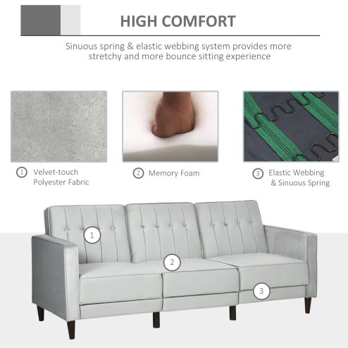 HOMCOM Corner Sofa Bed Reversible 3-Seater Sectional Sofa Set Velvet-Touch Sleeper Futon with Footstool, Light Grey