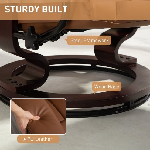 HOMCOM 360° Swivel Recliner Chair with Footstool, PU Leather Manual Recliner Armchair with Footstool, Solid Wood Base, Upholstered Reclining Chair for Living Room, Bedroom, Office, Brown