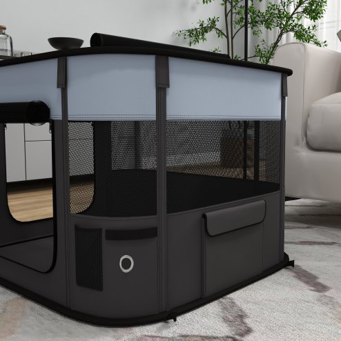 PawHut Dog Pen, Pet Playpen, Portable Foldable Dog Cat Playpen Soft Pet Cage with Storage Bag for Puppies, Rabbits, Kittens, Guinea Pigs, 74 x 60 x 45cm - Grey