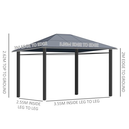 Outsunny 3 x 4m Hardtop Gazebo Canopy with Polycarbonate Roof, Permanent Pavilion Garden Gazebo with Curtains for Patio, Deck, Grey
