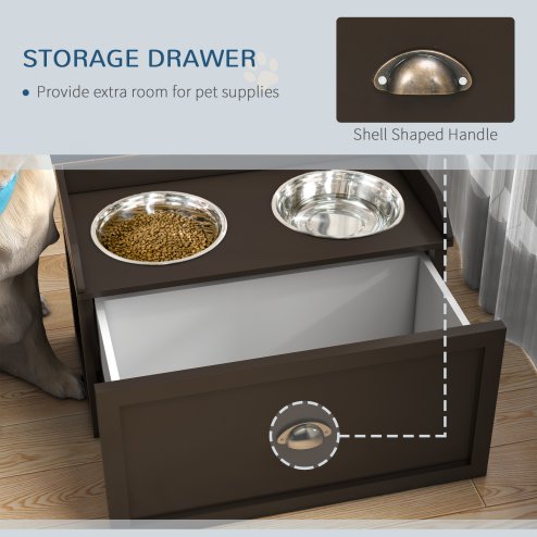 PawHut Stainless Steel Raised Dog Bowls, Double Dog Food and Water Bowl w/ 21L Storage Drawer, for Large Dogs - Brown