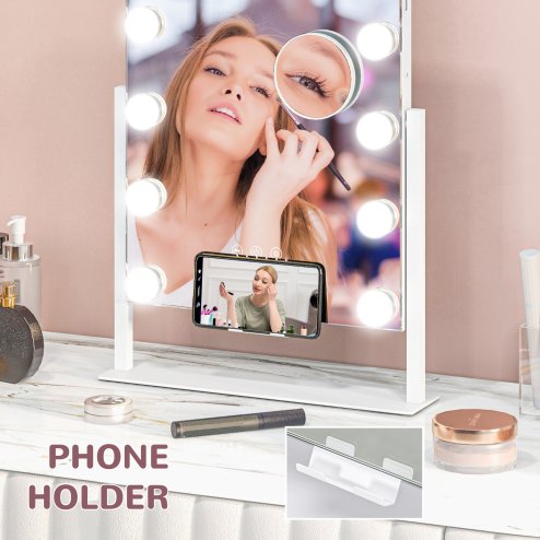 HOMCOM Hollywood Vanity Mirror with Lights, 37x46 cm Lighted Makeup Mirror with 3 Colour, 12 LED Bulbs, 10X Magnifying, USB Charging Port, Phone Holder, 360 Rotation, Touch Screen