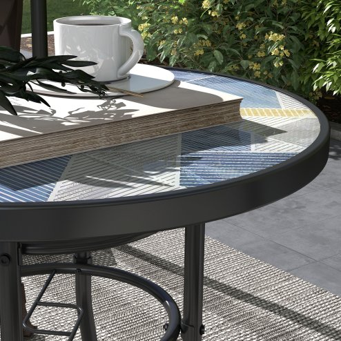 Outsunny 60 cm Garden Round Coffee Table,  Outdoor Side Table with Tempered Glass Printed Table Top and Foot Pads for Porch, Balcony, Multicolour
