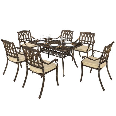 Outsunny 7 Pieces Cast Aluminium Garden Dining Set, 6 Seater Garden Table and Chairs with Parasol Hole, Outdoor Garden Furniture Set with Cushions for Patio, Bronze Tone